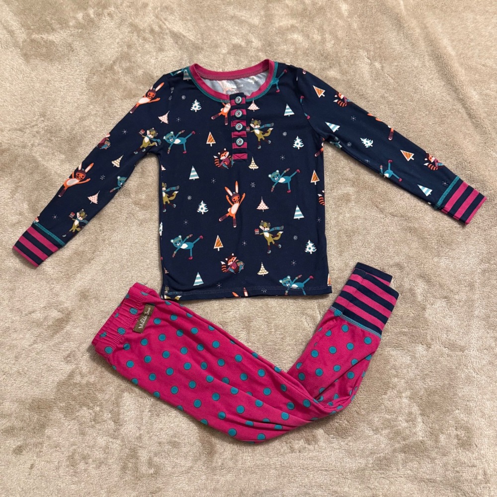 Matilda Jane On The Ice PJ Set Navy Pink Winter Animals Polka Dot 2pc Size 4